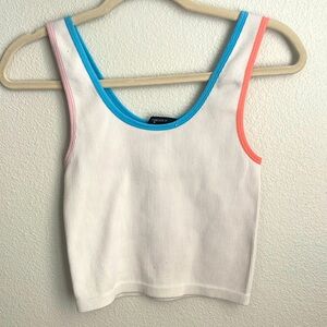 ribbed white cropped tank top with colorful shoulder outlining